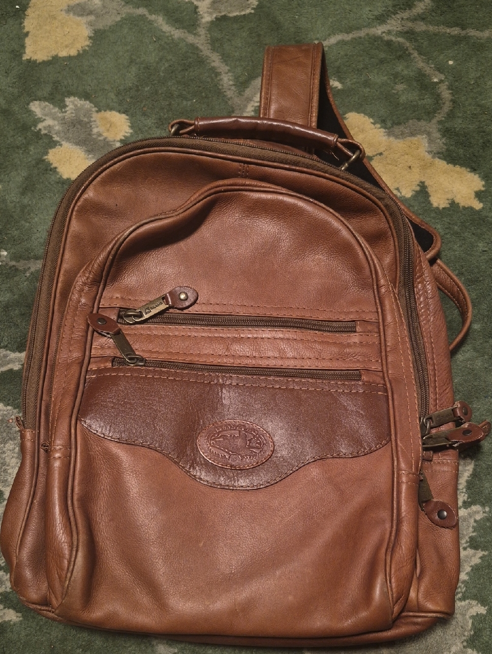 Men's Tan Leather Sling Backpack with Front Zip Pockets